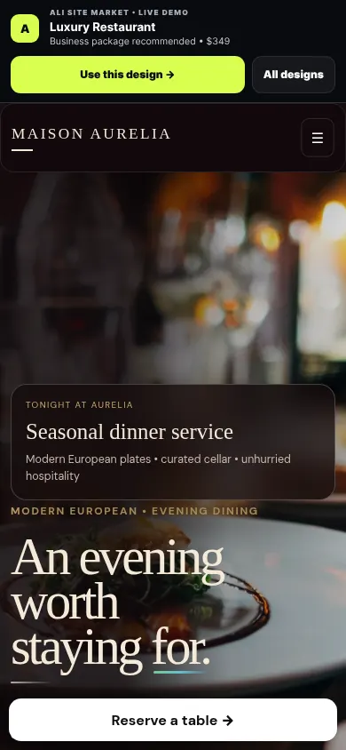Restaurant website mobile preview