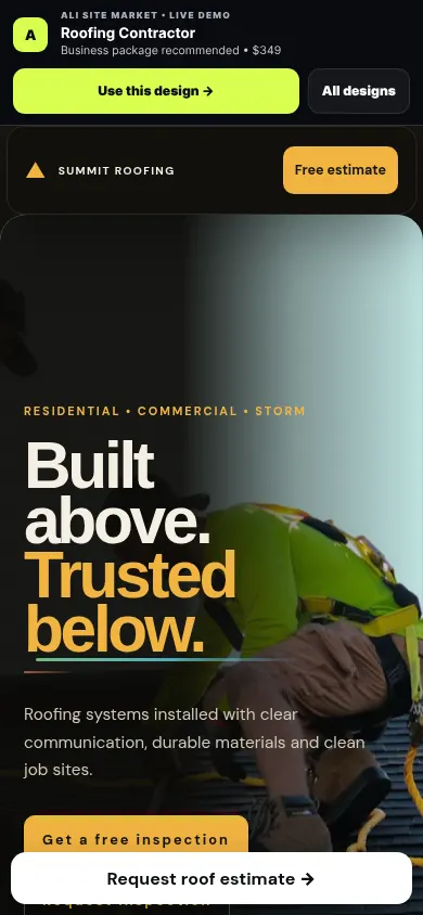 Roofing website mobile preview